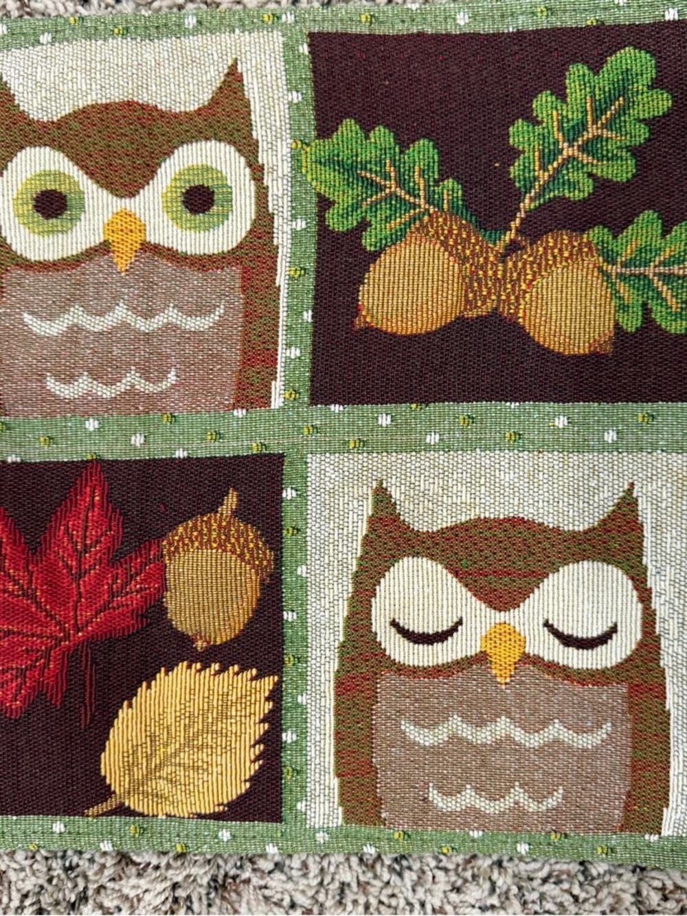 Fall Autumn Owl & Acorn Tapestry Table Runner - Green, Brown, Red - Picture 6 of 7
